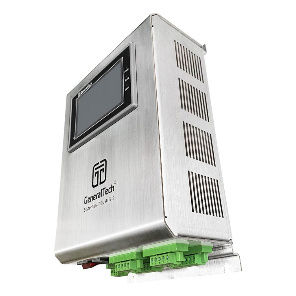 IHM GT1000: unidade eletrônica de medição e controle de tração. Display colorido 4.3”, 3 níveis de acesso, saídas 0–10V / 4–20mA, proteção IP65 e compatibilidade strain gauge.